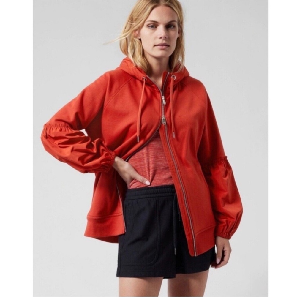 Athleta | Women's Vibrant Rust Red/Orange Zip Front Puffer Sleeve Hoodie Sz XXS